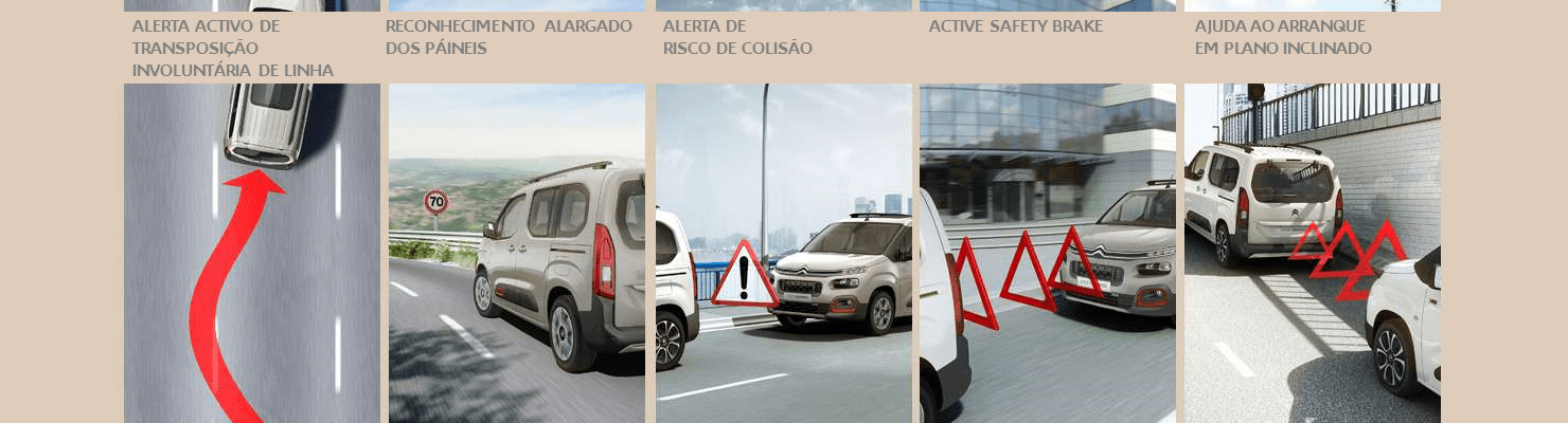 Tecnologias de ajuda à condução (Alerta activo de Transposição involuntária de linha, Reconhecimento alargado dos páineis, alerta de risco colisão, active safety breake, ajuda ao arranque em plano inclinado) 